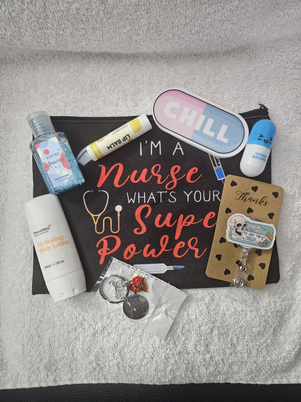 Funny Nurse Gift Set Bag Keychain Badge Reel: RN CNA Week Graduation Care Pack